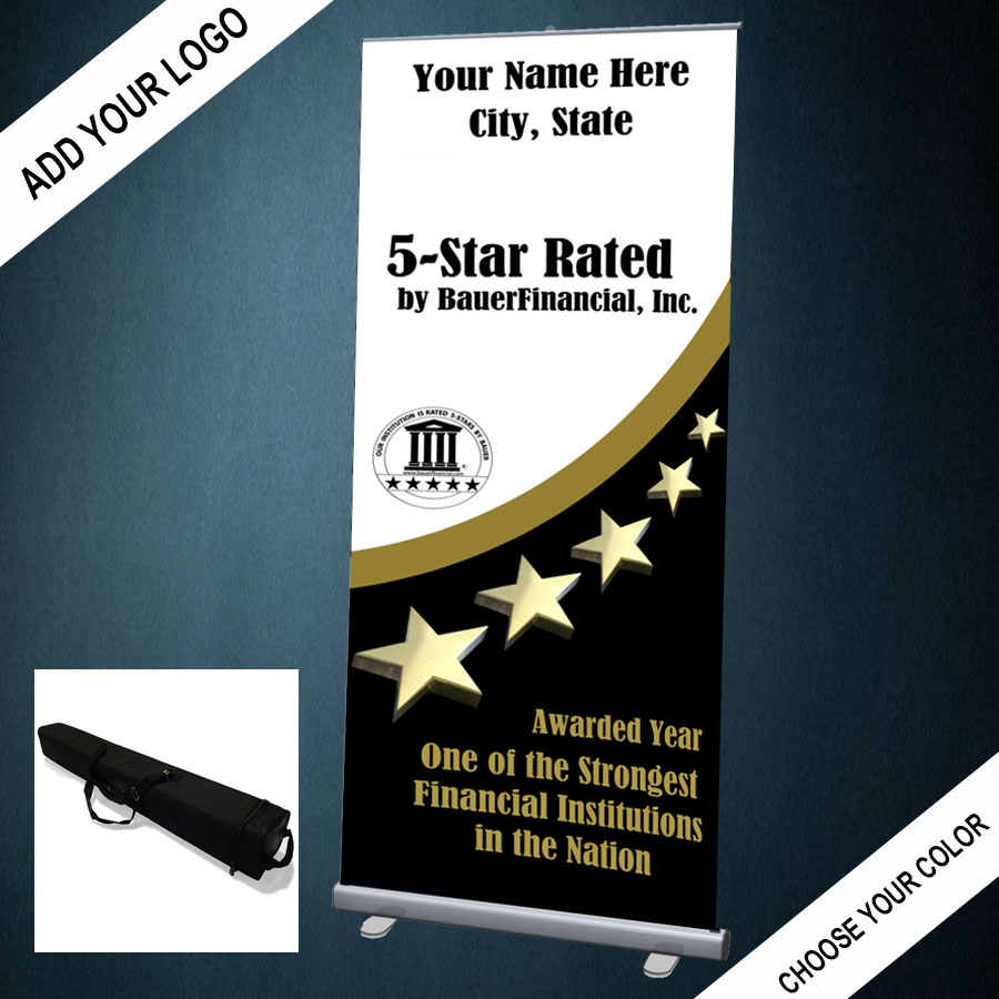 The 5-star retractable banner comes wiuth its own convenient carrying case and can be personalized with your institution's logo and colors.