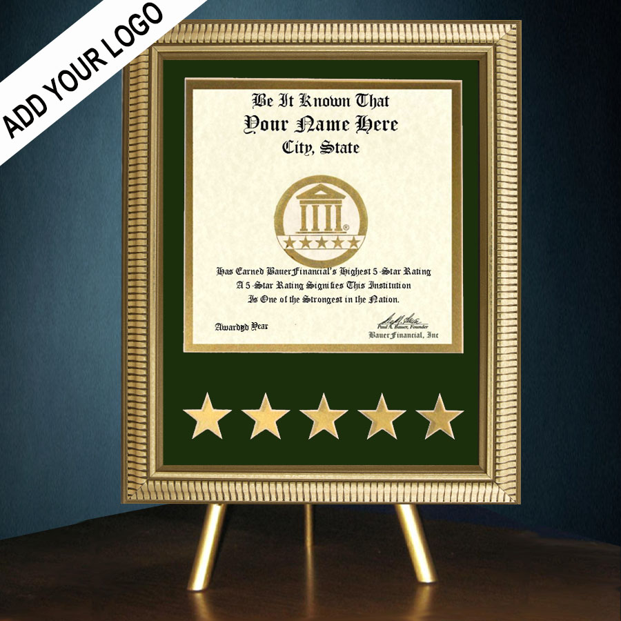 5-Star Gold-Framed Recognition Award in Green Matting on top of a gold table top easel