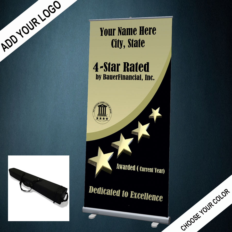 Personalized 4-Star Retractable Banner with carrying case is pictured in Gold and Black