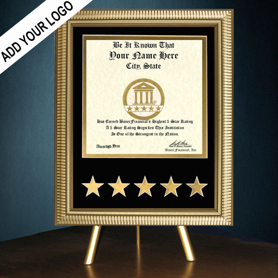 5-Star Gold-Framed Recognition Award in Black Matting on top of a gold table top easel