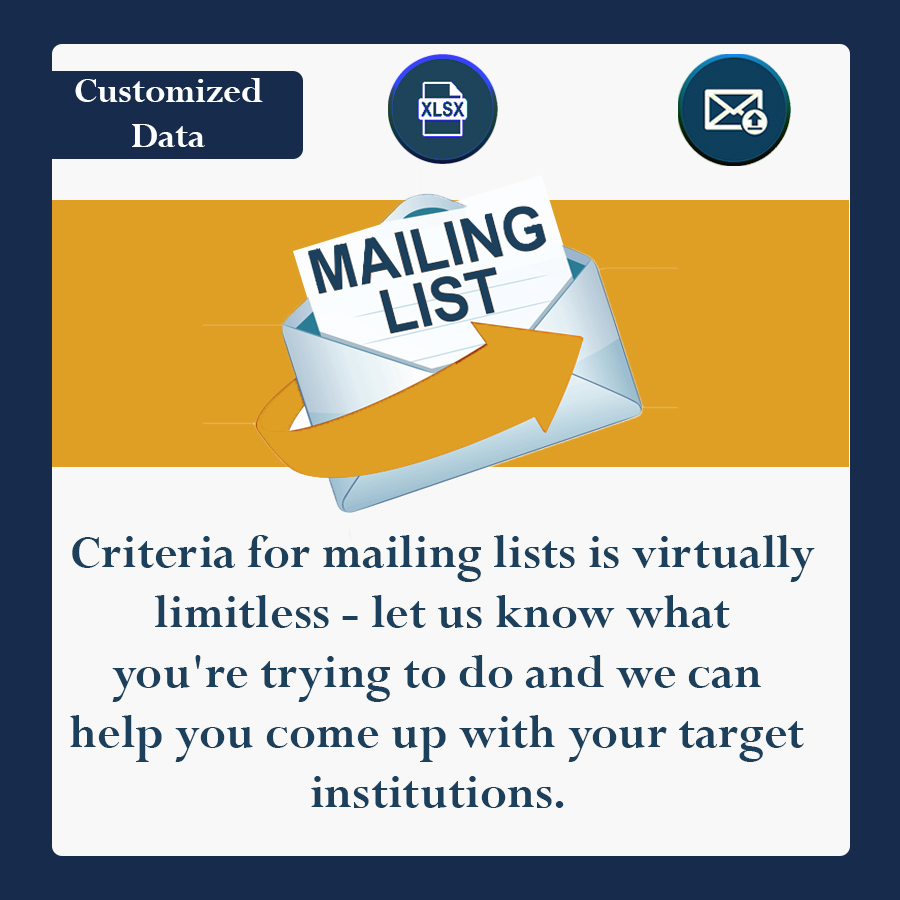 Criteria for mailing lists is virtually limitless. Let us know what you are trying to do and we will help you come up with your target institutions.