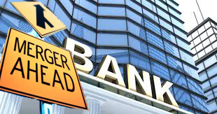A bank building is obstructed by a yellow yield sign saying merger ahead