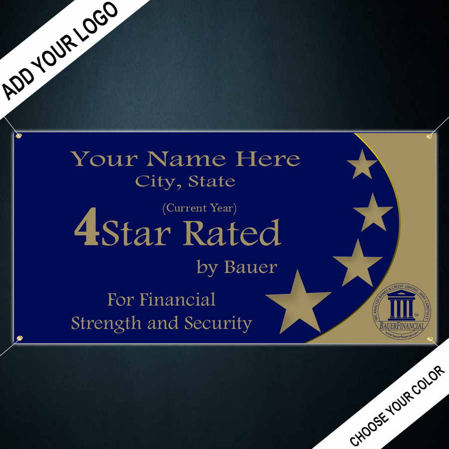 Personalized 4-Star Indoor Outdoor Vinyl Banner is pictured in Blue and Gold