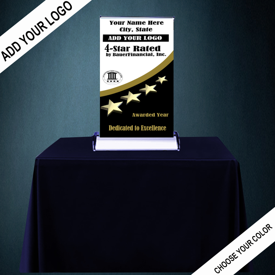 Personalized 4-Star Table-top Banner is pictured in Black on the bottom, White on the top and Gold highlights