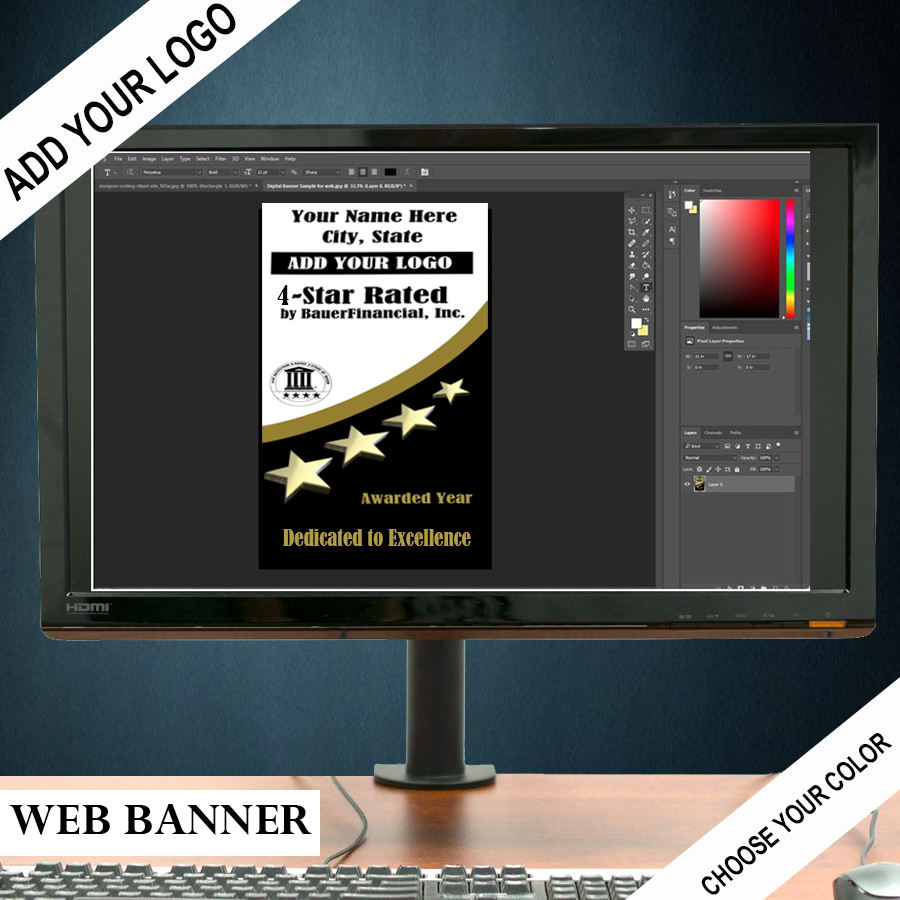 Personalized 4-Star Digital Banner for your website is pictured in Black on the bottom, White on the top and Gold highlights