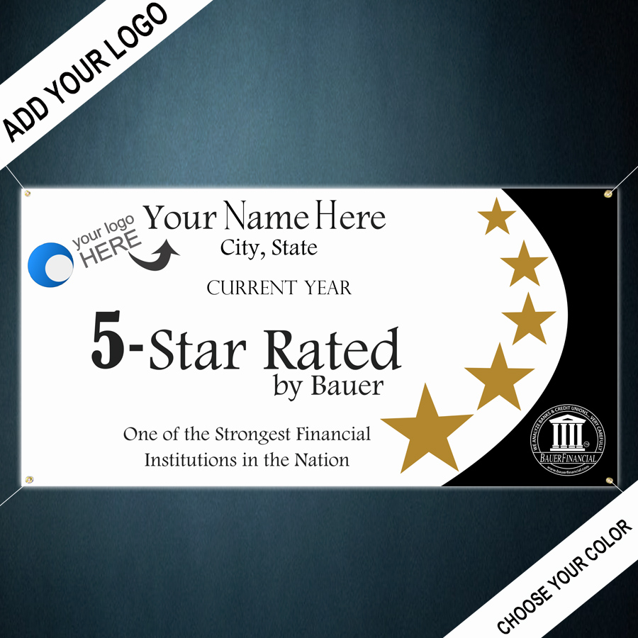 Personalized 5-Star Indoor Outdoor Vinyl Banner is pictured in Blue and Gold