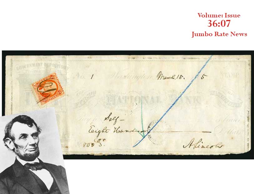 President Lincoln next to an image of a check from the 1800s