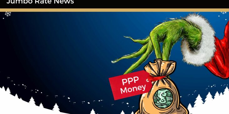 Grinch hand with fingers holding a bag of PPP Money