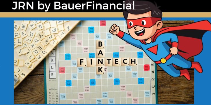 Fintech bank scrabble game with a baby superman to help with deifinitions